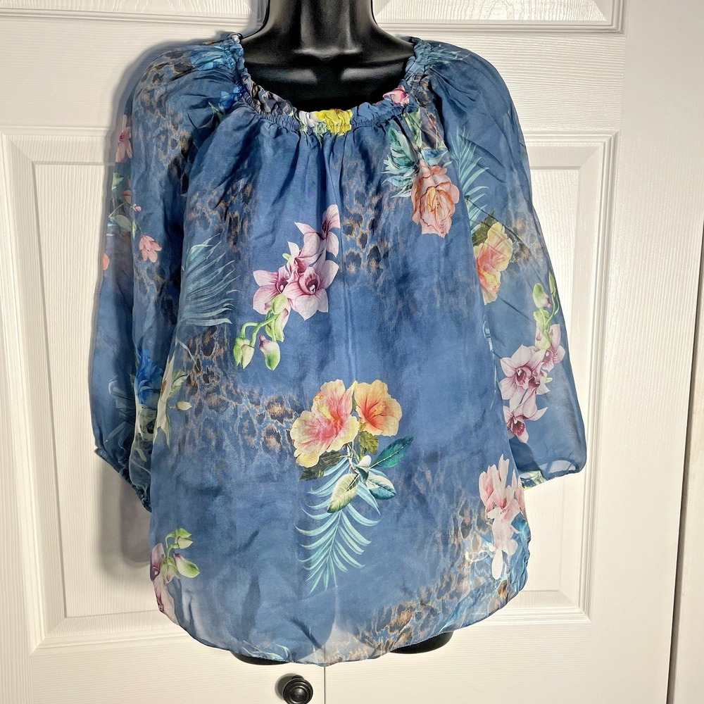 Moda Seta Italy Silk Blend Shirt Women S Blue Tropical Floral Flowy  Whimsical